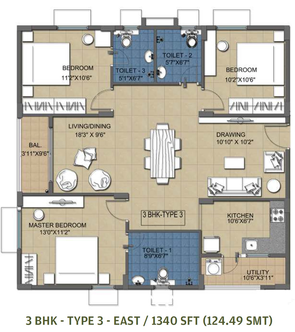 3BHK-Type-3-1340sft-East-Facing