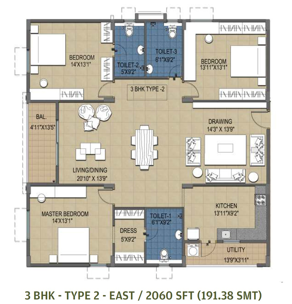 3BHK-Type-2-2060sft-East-Facing