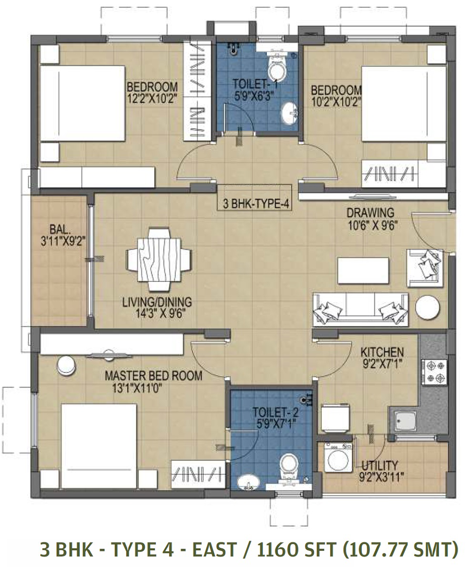 3BHK-Type-4-1160-sft-East-Facing